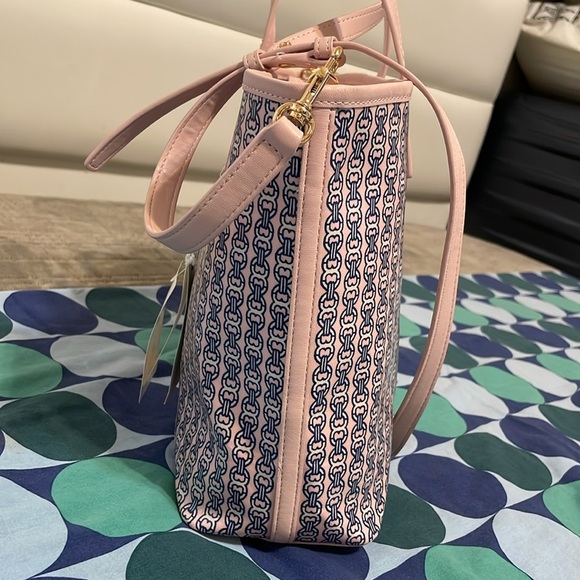 Tory Burch Pink and Navy Chain Print Tote - Picture 4 of 15